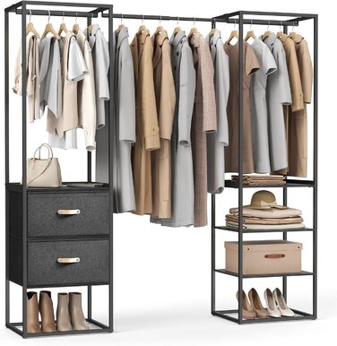 SONGMICS Clothes Rack, Open Wardrobe, High-Load Capacity Coat Rack, 1 Extendable Rod, 2 Drawers, 4 Shelves, for Bedroom, Space-Saving, RGR003W67 (Ebony Black)