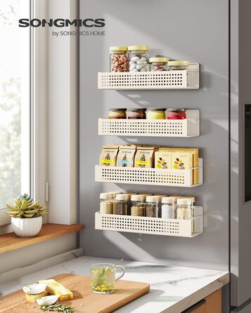 Магнітна полиця для спецій SONGMICS, 4 шт. (2 великі, 2 маленькі), без свердління, для кухні, холодильника, мікрохвильової печі, пральної машини, KCS061B01 (кремово-білий, сталь)