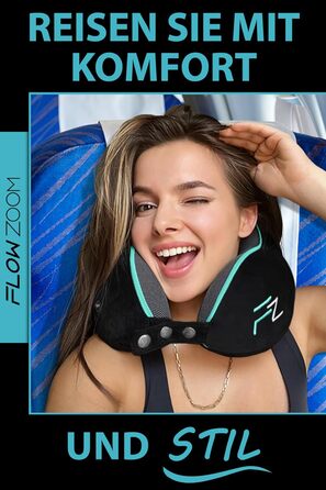 Подушка для шиї FLOWZOOM Comfy - для подорожей літаком та автомобілем. Регульована подушка з піною з пам'яті з підтримкою 360°, м'яка дихаюча обкладинка, транспортна сумка. Колір: сірий (Comfy - чорний)