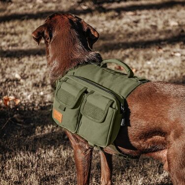 Шлейка для собак OneTigris з рюкзаком Hoppy Camper 3.0, зелена, для середніх/великих собак, рюкзак для собак з 2 основними та 4 додатковими кишенями