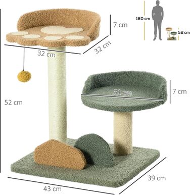 Котячий будиночок PawHut: двоелементний когтетоп з м'ячем, 52 см, сізал, для котів до 5 кг, 43 x 39 x 52 см