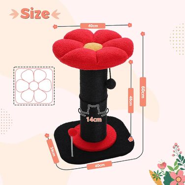 Flower Cat Tree - Small Cat Tree for Indoor Cats with Super Thick Scratching Post [Dia=14cm], Detachable Flower Cat Bed, Feather Ball - (Black)