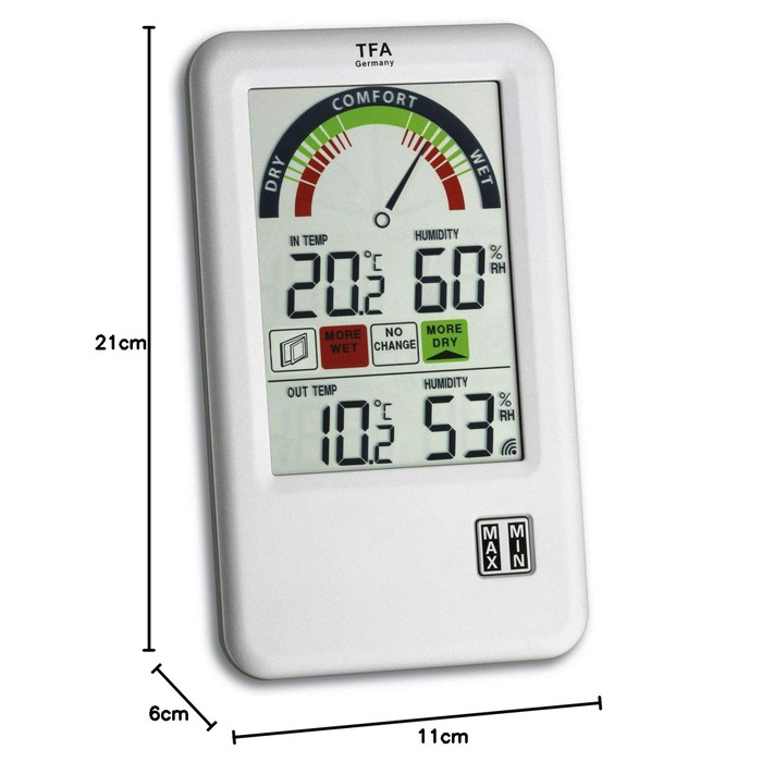 TFA Dostmann Bel-Air Thermo-Hygrometer with Ventilation Recommendation and Comfort Zone Display, for Room Climate Control, L 95 x W 20 (65) x H 158 mm