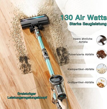 Бездротовий акумуляторний пилосос 28KPa з LED-дисплеєм, антизаплутана щітка, змінний акумулятор, вертикальний пилосос для твердих поверхонь, килимів та шерсті тварин (зелений)