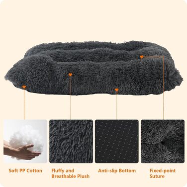 Dog Bed, Fluffy Dog Mats, Longer Plush Dog Cushion, Washable, Non-Slip Bottom, 110 cm for Medium and Large Dogs, (L 90 x W 60 x H 10 cm, Dark Grey)