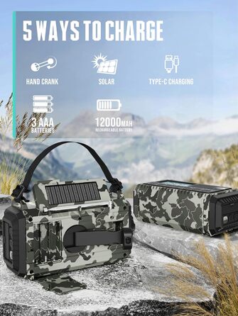 Радіо на сонячній батареї та з ручним генератором | Powerbank 12000mAh | AM/FM/SW, SOS, USB-C, IPX4, ліхтарик | для кемпінгу та відпочинку на природі (Граутарт)
