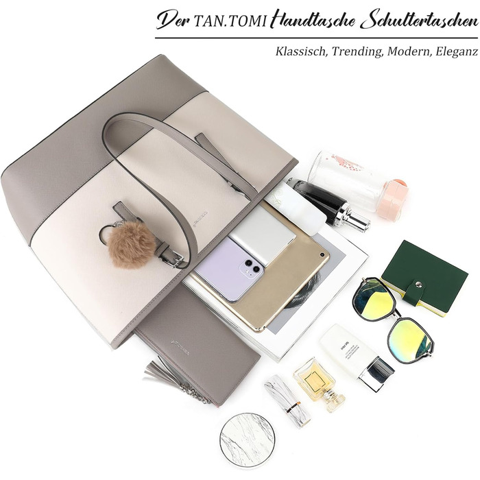 Сумка жіноча TANTOMI з гаманцем: велика сумка для офісу, школи, покупок, сіро-бежева з пензликами та пухнастим брелоком