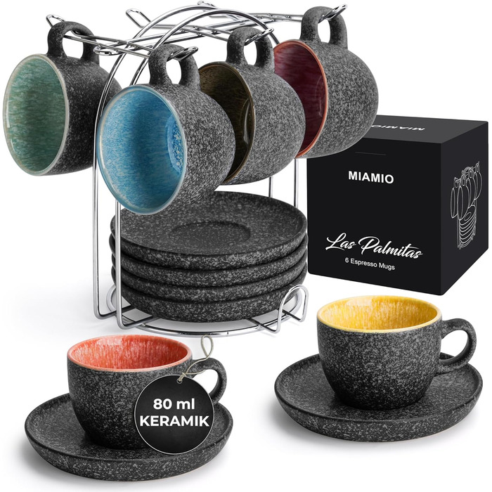 MIAMI - Set of 6, 80 ml, stackable espresso cups made of ceramic with saucers and metal stand, espresso cups, mocha cups, coffee cups for espresso, latte - Las Palmitas Collection