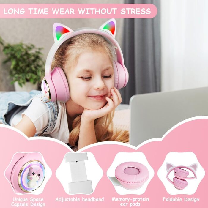 Дитячі навушники AXFEE з Bluetooth, котячі вушка, LED-підсвічування, Over-Ear, стерео, бездротові, з мікрофоном, Micro SD/TF, для телефону/планшета/ПК