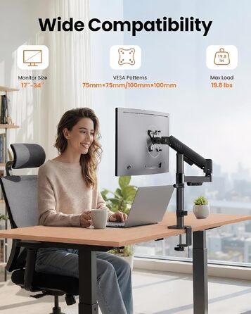 Кронштейн для монітора ErGear, регульований настінний тримач для екранів 13-34 дюймів до 9 кг, VESA 75x75/100x100мм, з C-подібним затискачем та кабелем-менеджментом, чорний