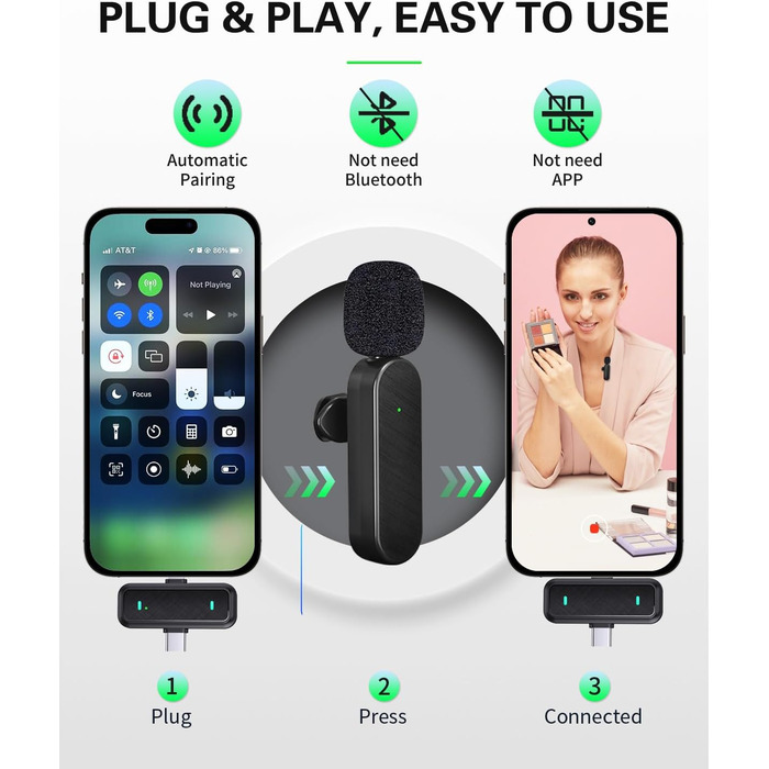 Беспроводной петличный микрофон Bayanbulu для iPhone, iPad, Android, TikTok, YouTube, Vlog. Шумоподавлення, Plug-and-Play, 2 шт. (Black-H16-1pc)