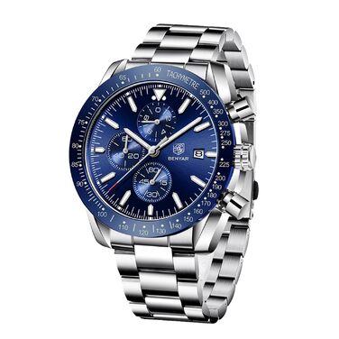 Годинник чоловічий BENYAR з хронографом, кварцовий, водостійкий 30M, з датою, для активного відпочинку, спортивний, шкіряний (блакитний)