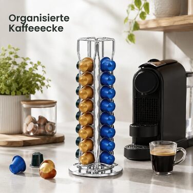 Органайзер для кавових капсул Exzact, сумісний з Nespresso (на 40 капсул) — обертовий підставний тримач для кавових капсул, протиковзкий, сріблястий