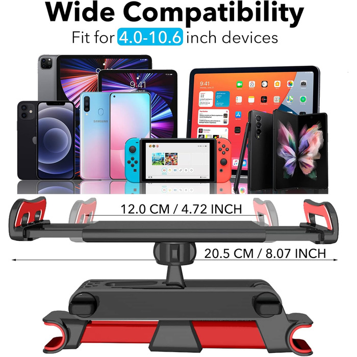 Універсальний тримач для планшета в авто, регульований, для iPad/iPhone/Samsung Galaxy Tab/Kindle Fire HD/Nintendo Switch, 4.4-11 дюймів, червоний/чорний