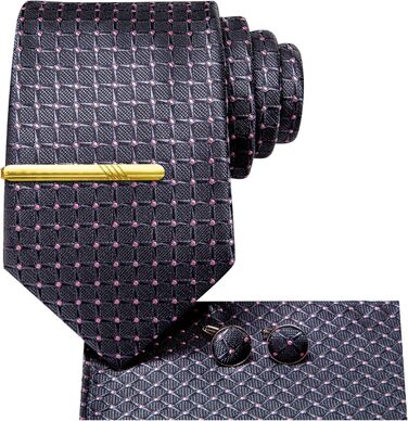 Чоловіча краватка Hi-Tie шовкова, сіро-рожева картата, формальна, з кишеньковою хустинкою та затискачем для краватки, набір для весілля та бізнесу