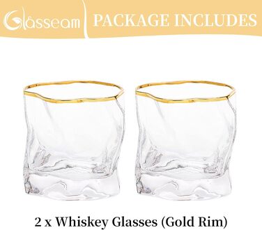 Набір склянок для віскі з нерівними гранями, 2 шт. Об'єм 250 мл. Стильні келихи для скотчу, бурбону, рому. Ідеальний подарунок для тата, чоловіка, друзів. Золотий край, прозорі.