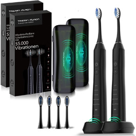 Електрична зубна щітка Tristan Auron Doppelpack 55000 VPM з UV-кейсом, 60 днів акумулятора, 5 режимів чищення, IPX7, зарядний пристрій (Чорний+Рожевий)
