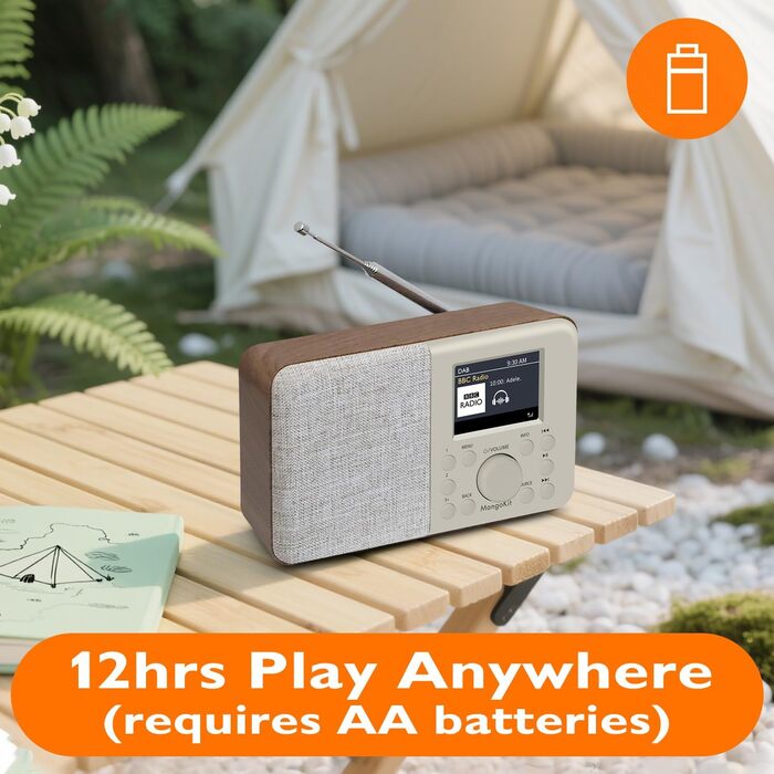 Портативне цифрове радіо MD3 DAB/DAB+/FM з Bluetooth, динаміком та навушниками, 40 станцій, будильник, годинник, таймер, кольоровий дисплей, живлення від батарейок та мережі (корпус з ясеневого дерева)