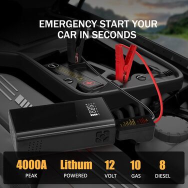 Powerbank з компресором для запуску авто 12V, 10L бензин/8L дизель, LED-ліхтар, швидка зарядка, чорний