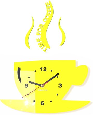 FLEXISTYLE Coffee Time Mug Wall Clock, Modern Kitchen, 3D Roman Numerals, Wall Clock Décor, 32 x 19 cm (32 x 19 cm, Lemon Yellow)