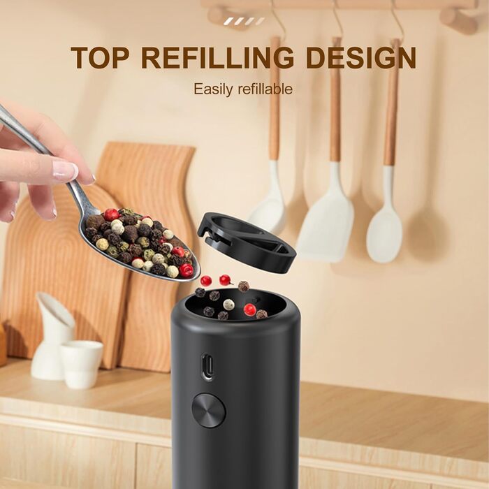Електричний набір для солі та перцю з зарядною станцією, об'єм 110 мл, перезаряджувана солянка з 5 рівнями, керамічна млинка з щіткою (1 шт. чорний)
