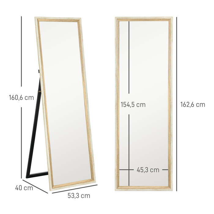 HOMCOM Full Length Mirror, 162.6 x 53.5 cm Standing Mirror with Stand, Wall Mirror for Living Room, Bedroom, Dressing Room White + Natural Wood | Aosom