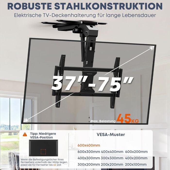 Електричний стельовий кронштейн для телевізора 37-75 дюймів, чорний - похилий, з пультом ДУ, до 45 кг