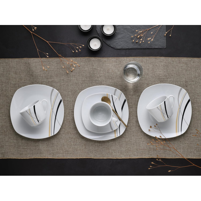 CreaTable Серія Square City Line, 12-piece Geschirrset для 6 осіб, порцеляновий сервіз, придатний для миття в посудомийній машині та мікрохвильовій печі, преміум-якість (кавовий сервіз на 18 осіб)