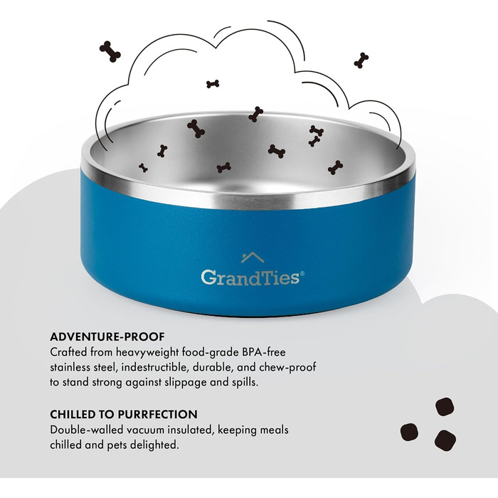 Нержавійна чаша для собак та котів GrandTies з гравіюванням, ізольована, велика (1890 мл, 1250 мл), кобальтово-синій