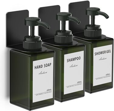 Дозатор для мила Anhow 3er PETG на стіну, набір з 3 шт. без свердління, зелений, 450 мл, з 16 водонепроникними етикетками для кухні/ванної кімнати