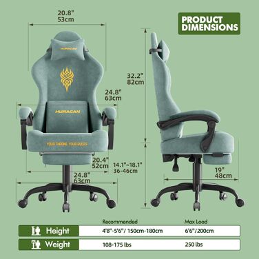 Геймерське крісло Ferghana Ergonomisch LW220: зручне крісло для комп'ютера з підголівником, підтримкою спини, підлокітниками та підставкою для ніг (зелений)