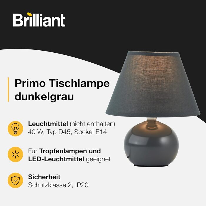 BRILLIANT Primo: стильна настільна лампа з тканинним абажуром - для спальні, вітальні та приліжкові столики - E14, з вимикачем, оранжева/темно-сіра