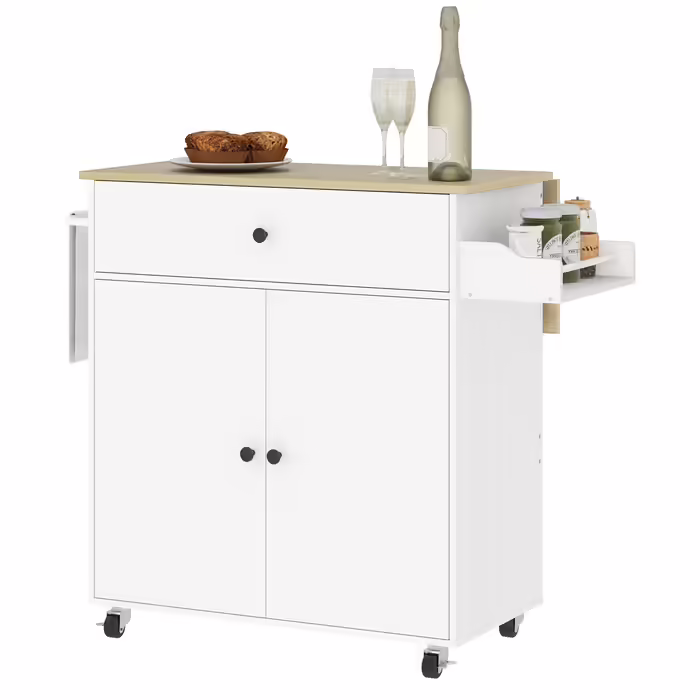 HOMCOM Kitchen Island Rolling Cart with Folding Worktop, Drawer, Kitchen Cabinet on Wheels with Shelf, Towel Rail, Spice Rack, Serving Cart White | Aosom