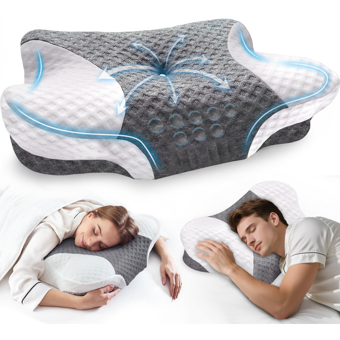 Ортопедична подушка для шиї VJASD з піною з пам'яті - ергономічна подушка для голови проти болю в шиї, регульована по висоті для тих, хто спить на боці з дихаючим чохлом для спокійного сну, білий