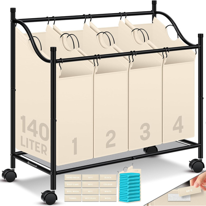 KESSER® Laundry Basket, Laundry Collector, Laundry Sorter with 4 Removable Fabric Bags | 4 Compartments x 35 Liters | Laundry Box with 12 Laundry Instructions, 360° Swivel Wheels with Brake, Laundry Sorting System, Laundry Cart, Beige