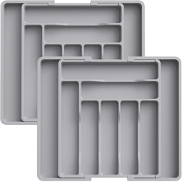 Lifewit Small Cutlery Organizers for Drawers, Expandable Cutlery Insert for Kitchen Drawers, Adjustable Cutlery Box Plastic Cutlery Spoon Fork Knife Holder, 2-Pack, Grey