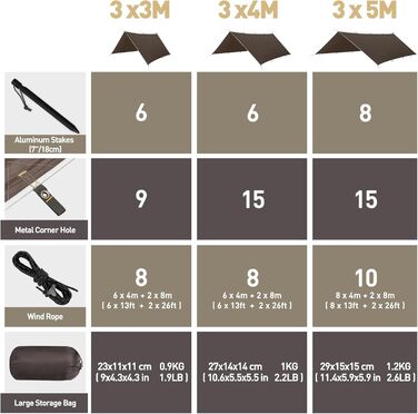 Тент VOSOIR 3x4 м, водовідштовхувальний, ультралегкий, для кемпінгу, з 15 люверсів, 6 алюмінієвих кілків та 8 нейлонових мотузок, захист від УФ, снігу та дощу, легкий та компактний, для гамака, кемпінгу, пікніка, походів, темно-зелений (темно-коричневий)