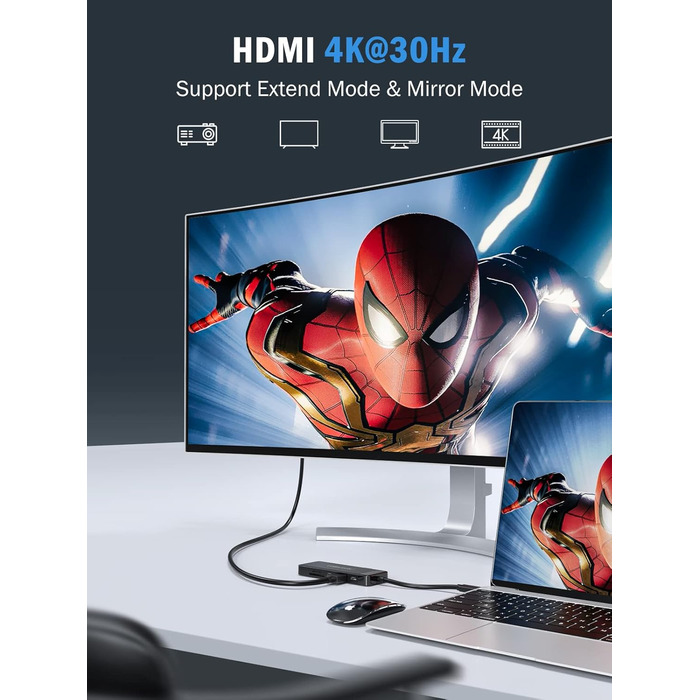 Lemorele USB-C док-станція: хаб з 2 HDMI, 3 USB 3.0/2.0, PD 100W для Windows, MacBook, Dell, HP, Surface (4K)