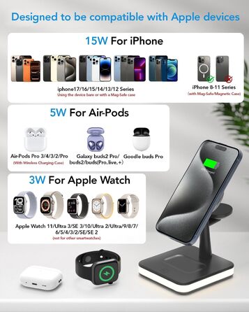 Бездротовий зарядний пристрій 4-в-1 з підсвічуванням та USB-портом для Apple iPhone, iWatch, AirPods (Чорний)