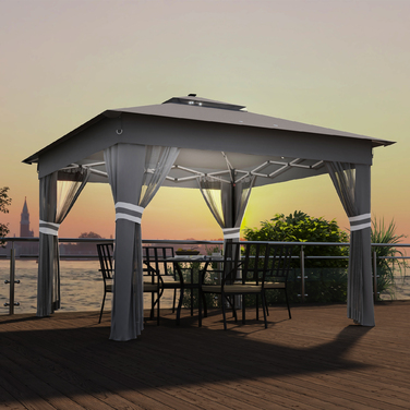 Outsunny Folding Gazebo, approx. 3 x 3 m, Gazebo with LED lights, 4 mosquito nets, side walls, garden gazebo with water bag, double roof, carry bag, dark grey | Aosom