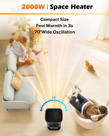 Електричний обігрівач PTC 2000W з термостатом, дистанційним керуванням, таймером та захистом від перегріву. Обігрівач для дому, офісу, спальні.