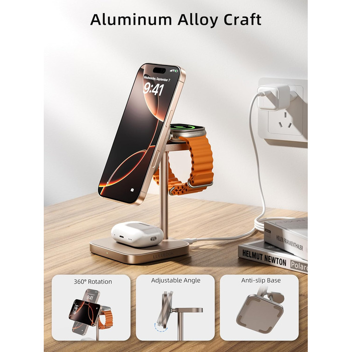 Станція зарядки LULULOOK Qi2 MagSafe 3 в 1 з алюмінію для Apple Watch та iPhone з підтримкою швидкої зарядки 15W (для iPhone 17 Pro Max/17 Pro/17 Air/17) та 5W (для Apple Watch Ultra, AirPods), титан