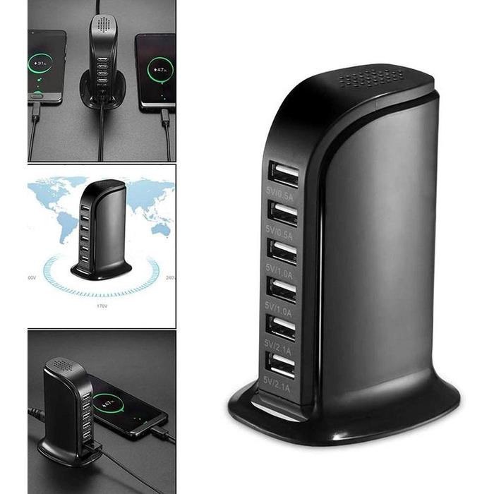 Зарядний пристрій USB мережевий 30W, 6 портів, для iPhone 12/13/14, Samsung Galaxy S22 Ultra/Z Fold/Z Flip, планшетів - Чорний