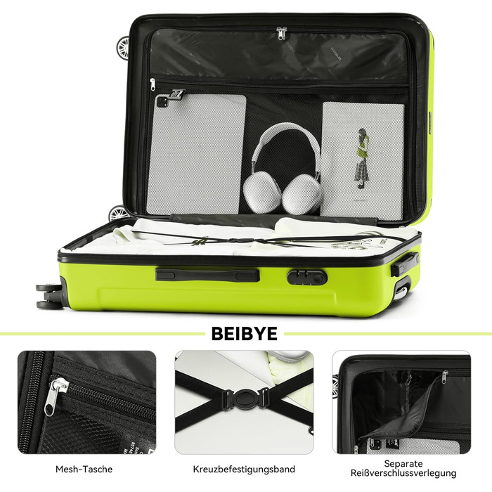 Чемодан Beibye Zwillingsrollen Hardcase XL 66см, зелений - міцний корпус, 14 кольорів