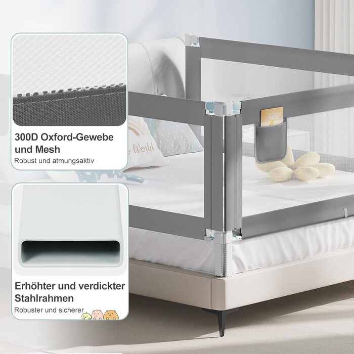 WOLTU Bed Rail, Bed Protection Rail for Children's Beds & Adult Beds, Retractable Child Bed Rail 180 cm, Fall Protection Height Adjustable 69-87 cm, Dark Grey 180cm Dark Grey
