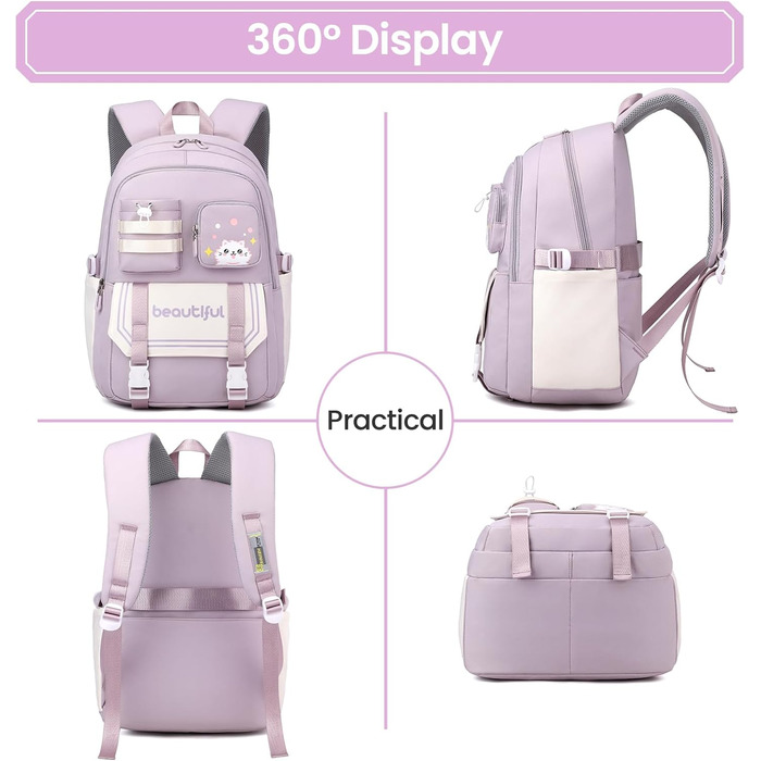 Дитячий рюкзак IvyH для дівчаток – велика місткість, водонепроникний, ідеальний для школи, 2-6 клас, фіолетовий