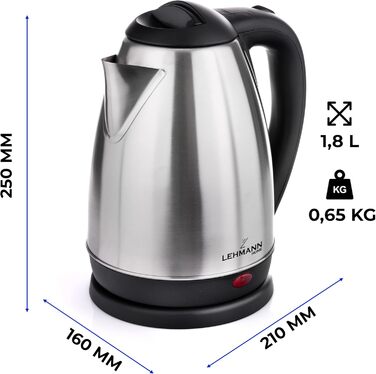 Електричний чайник LEHMANN з нержавіючої сталі, 2200 Вт, 1.8 л, швидке нагрівання, 360° підставка, автовимкнення, захист від перегріву, BPA-Free, для дитячого харчування, чаю та кави, сріблястий
