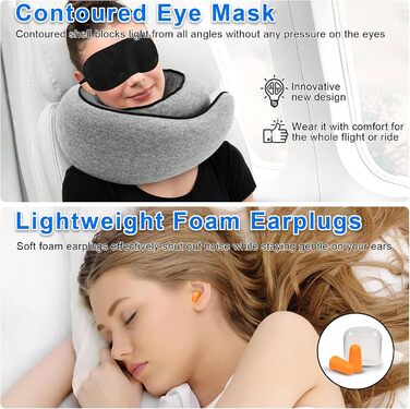Подушка для шиї у літак з піною Memory Foam, регульована, компактна, з навушниками, маскою для сну та коробкою для зберігання