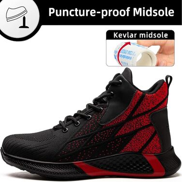 Черевики безпеки легкі чоловічі/жіночі, робоче взуття, високі, зі сталевим носком, дихаючі, антиковзаючі, 35-48 EU (35 EU, Червоний)