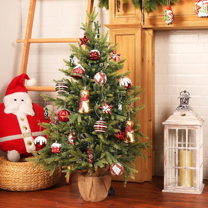 Набір прикрас на ялинку Shareconn 65 шт. з пластику, міцні ялинкові кулі з мотузкою, різного розміру та дизайну, декор для ялинки, червоний та білий (червоний, зелений, білий)